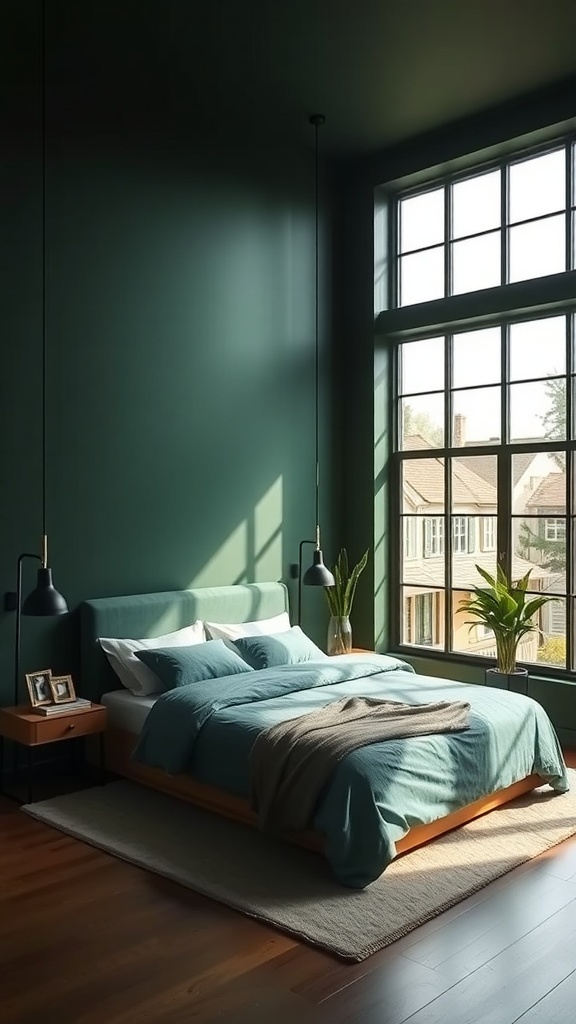 A dark green bedroom with large windows allowing natural light to fill the space.