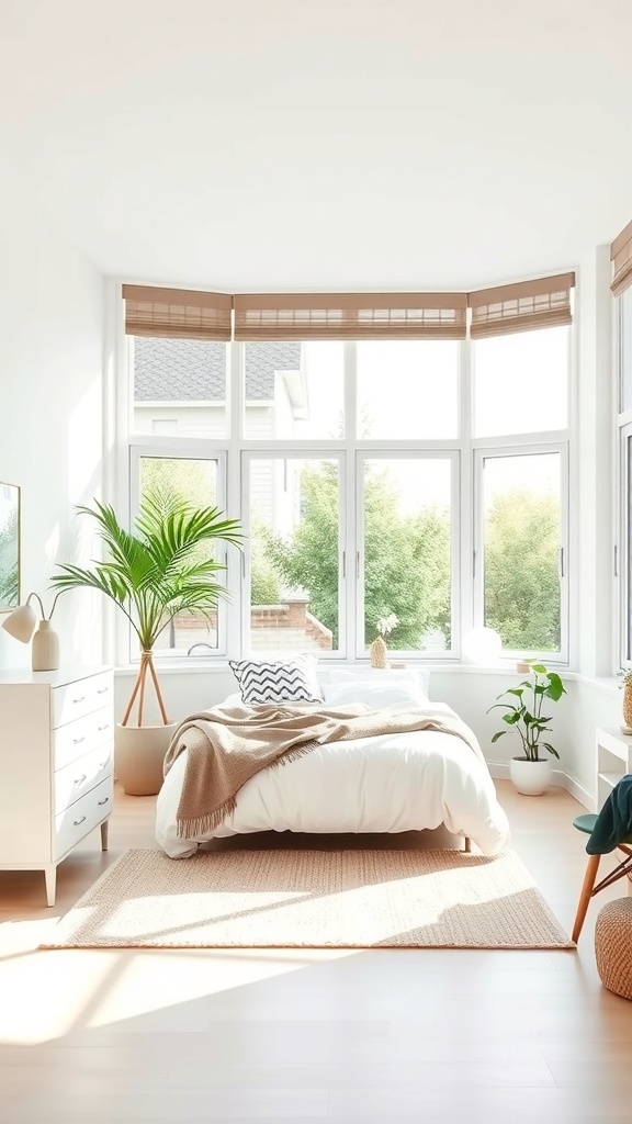A bright minimalist teen bedroom with large windows letting in natural light, featuring a bed, plants, and a dresser.