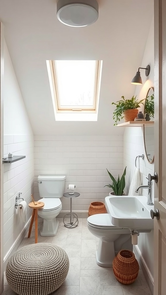 A small half bathroom featuring a skylight, modern fixtures, and plants.