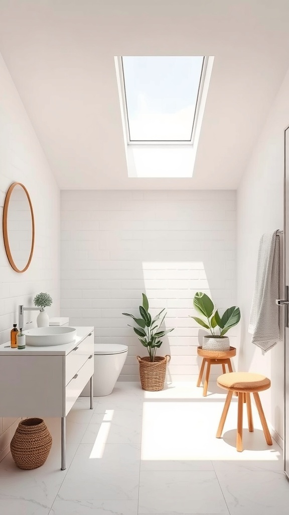 A bright and modern bathroom featuring a skylight, plants, and a minimalist design.