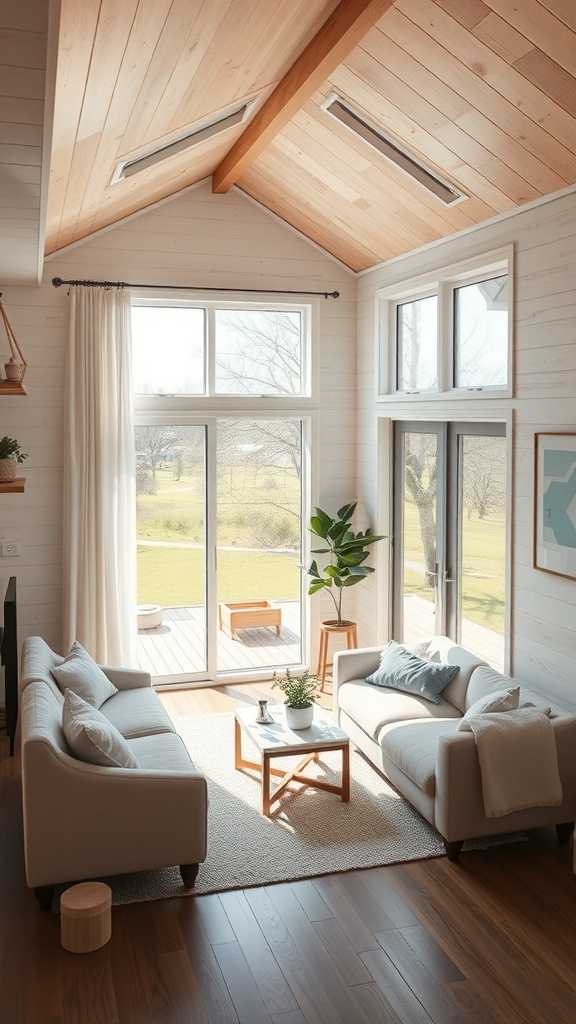 Cozy living area with large windows allowing natural light, featuring light-colored walls, wooden beams, and simple furniture.