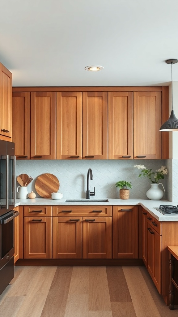 Cozy kitchen featuring wooden cabinets, light countertops, and natural decor elements.
