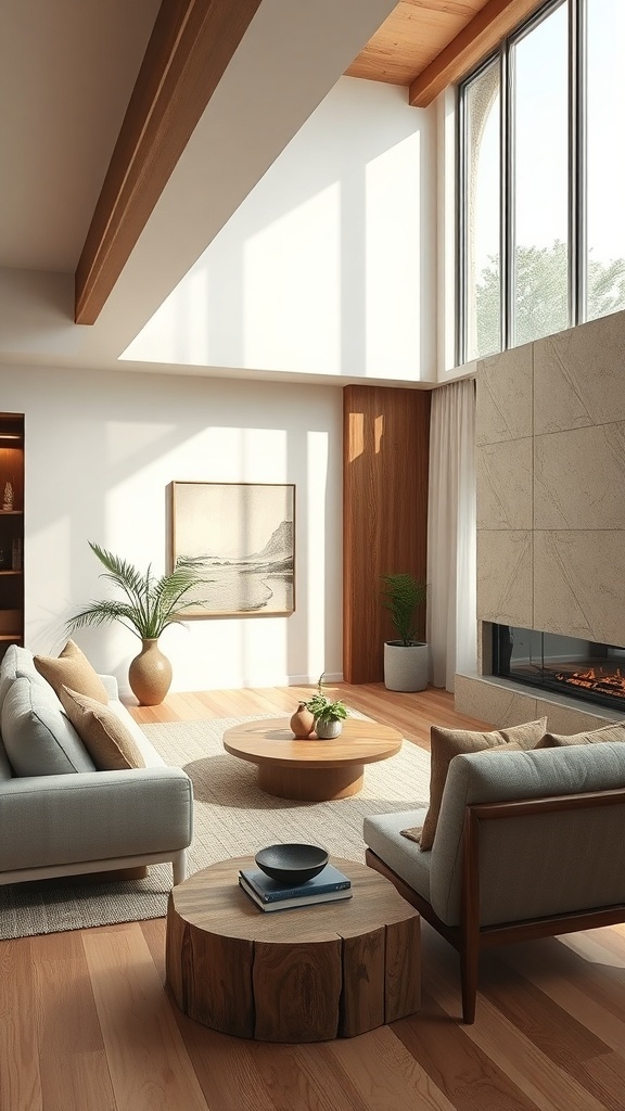 A cozy luxury living room featuring wooden beams, light wood flooring, and natural elements like plants and stone.