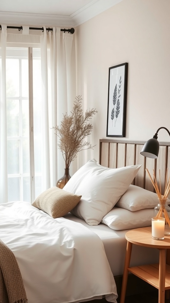 A cozy bedroom with soft bedding, a vase of dried branches, and a warm color palette.