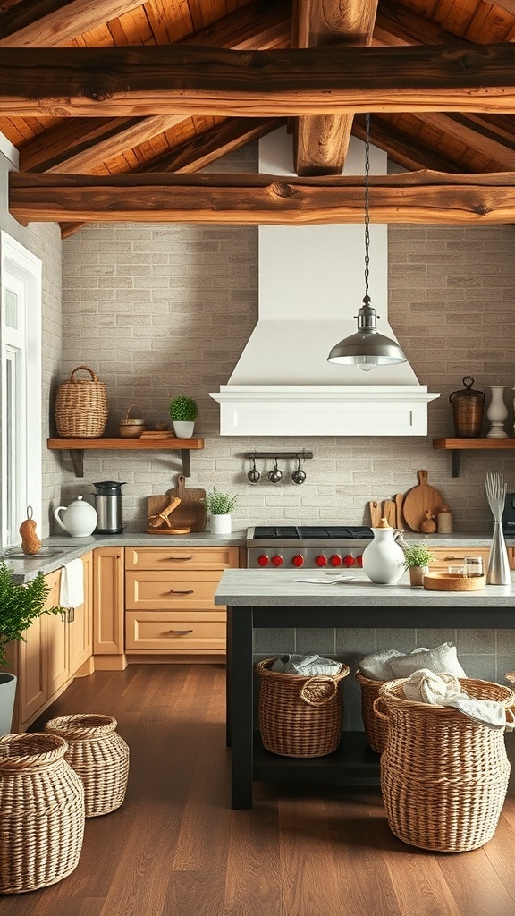 Cozy kitchen with wooden beams, stone countertops, and woven baskets.