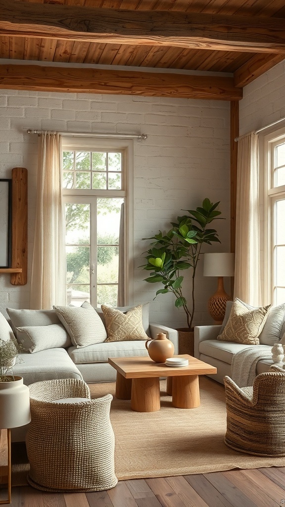 A cozy living room featuring wooden beams, soft fabrics, and natural textures.