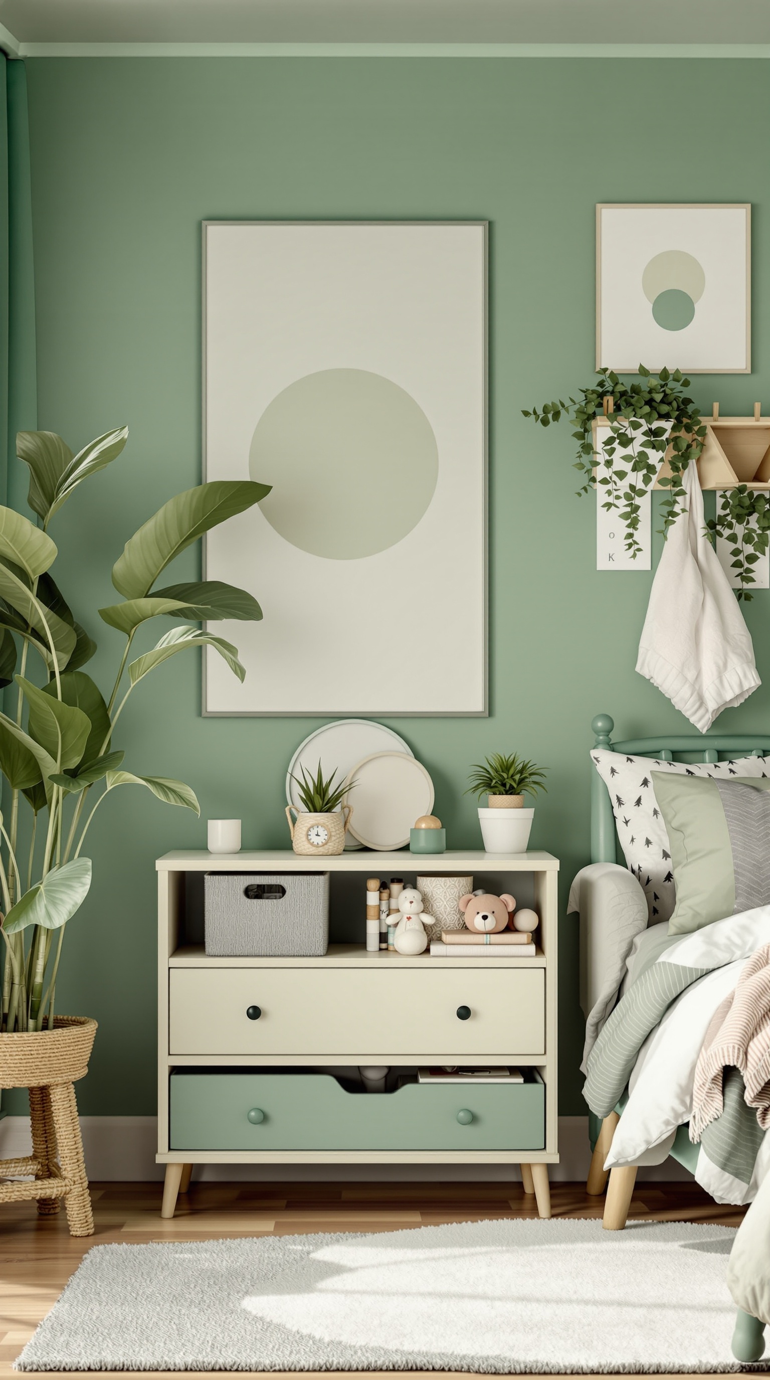 A green kids room featuring soft green walls, light-colored furniture, and plants.