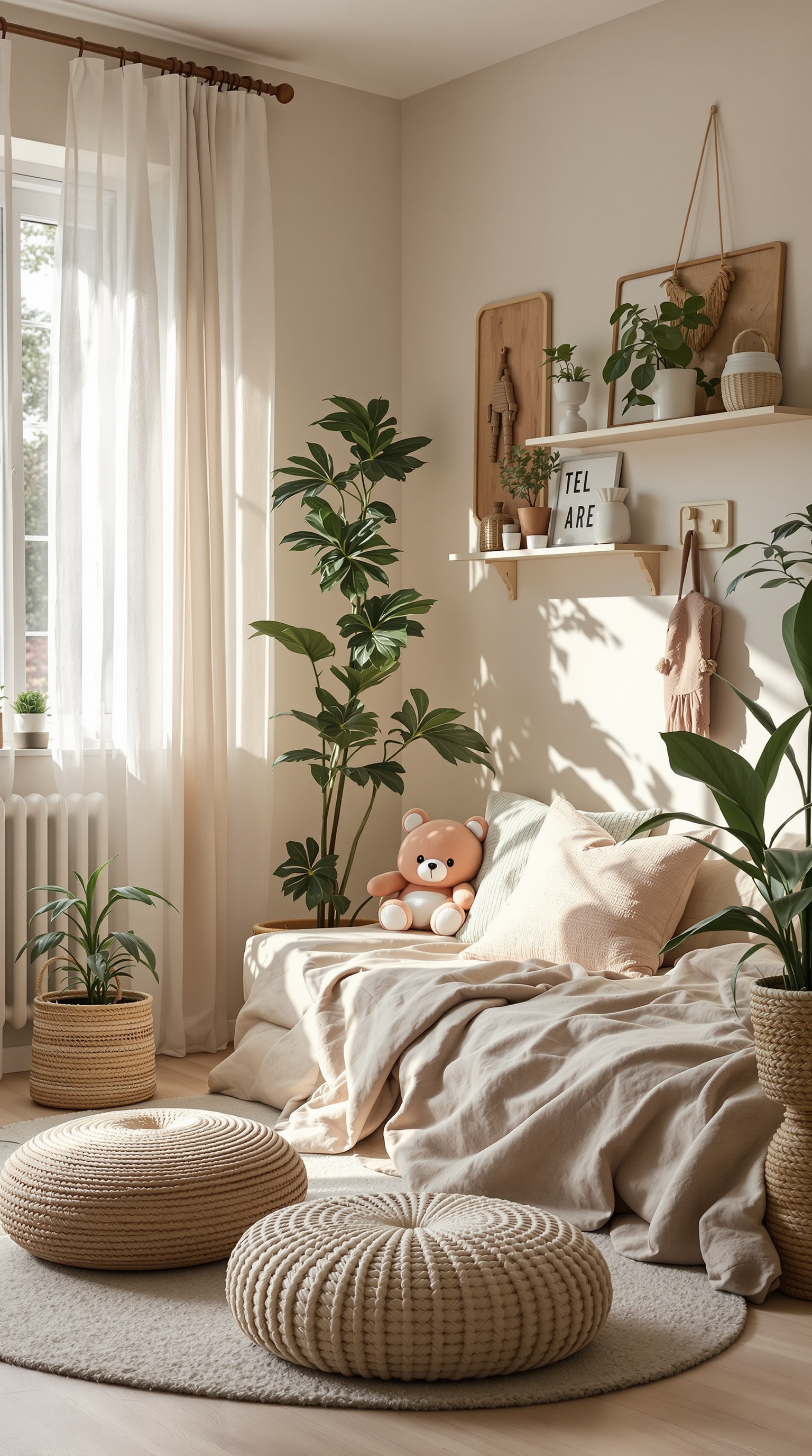 A cozy kids room with plants, soft textures, and natural light.