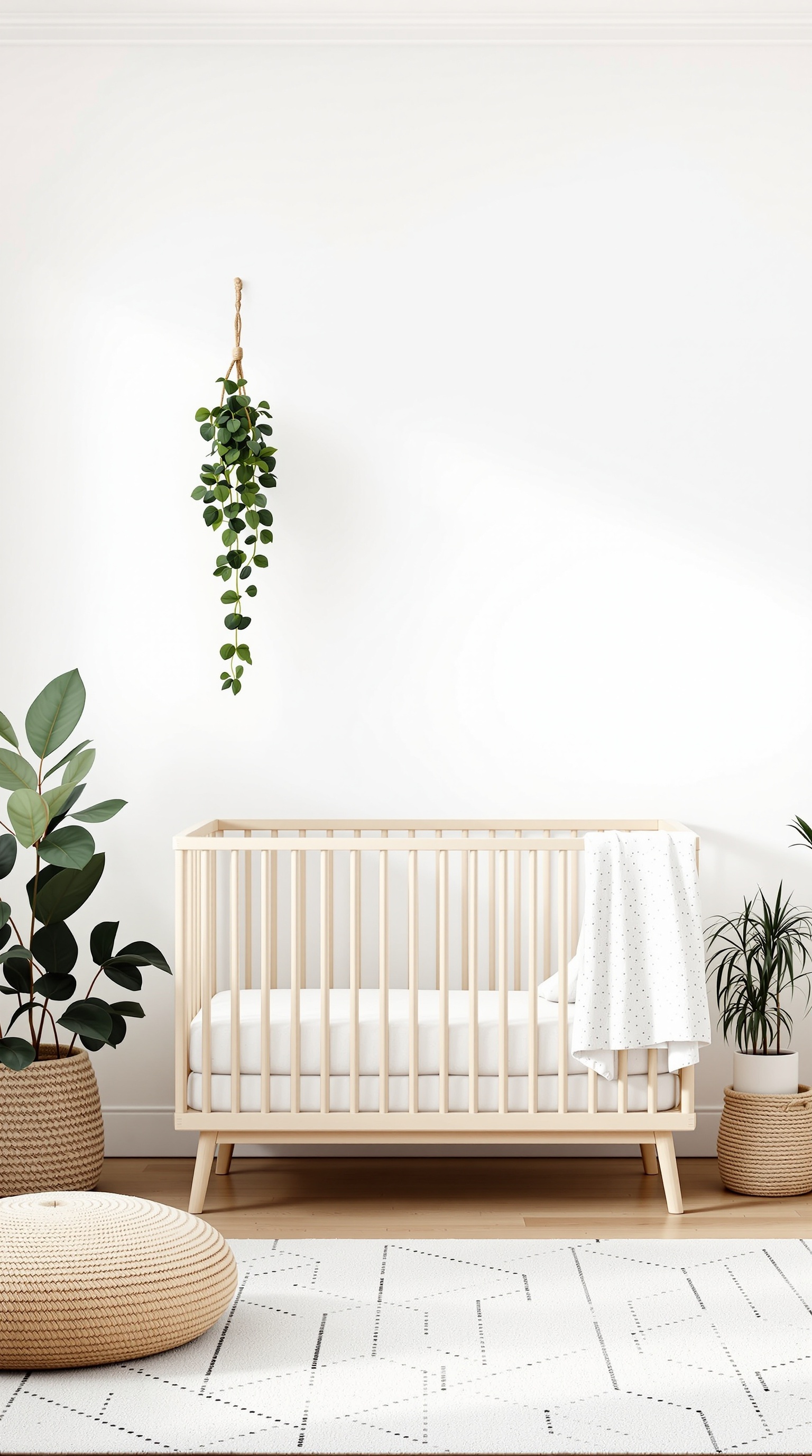 A unisex baby room featuring a wooden crib, hanging plants, and natural decor elements.