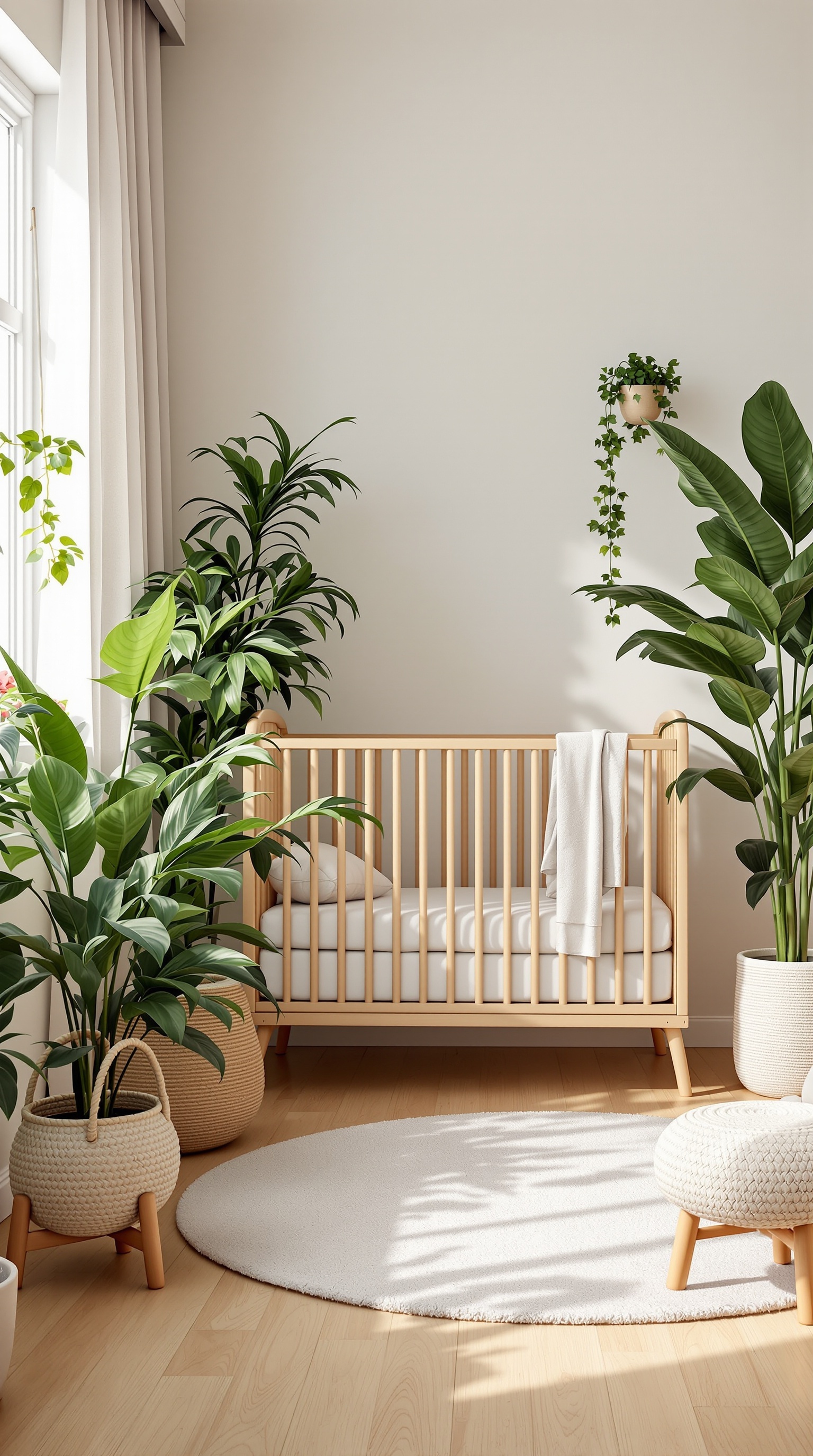 A cozy baby room featuring a wooden crib surrounded by various plants, creating a natural and inviting atmosphere.