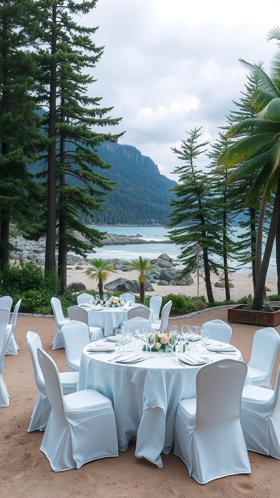 A wedding reception setup with tables and chairs near the beach, surrounded by trees and mountains.