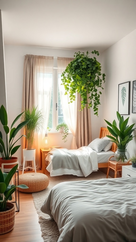 A modern kids bedroom with plants, natural light, and cozy decor.