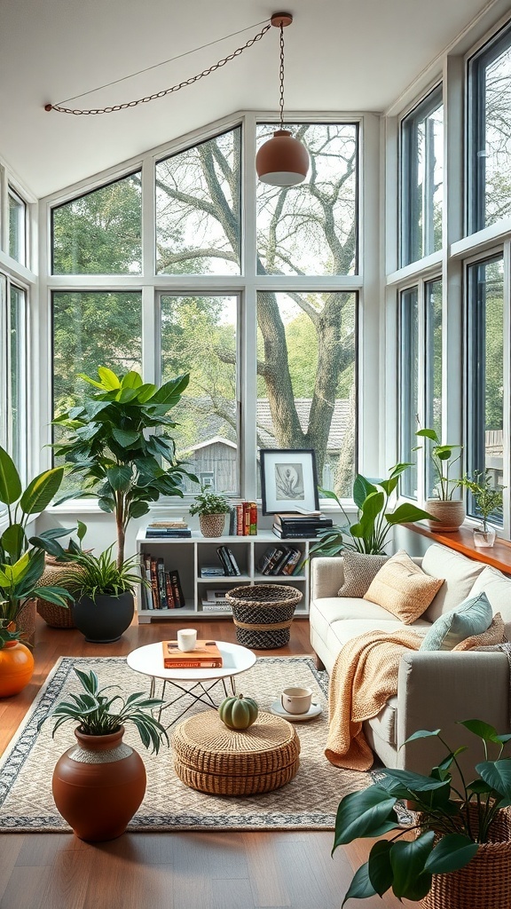 A cozy reading room with large windows, plants, and comfortable seating.