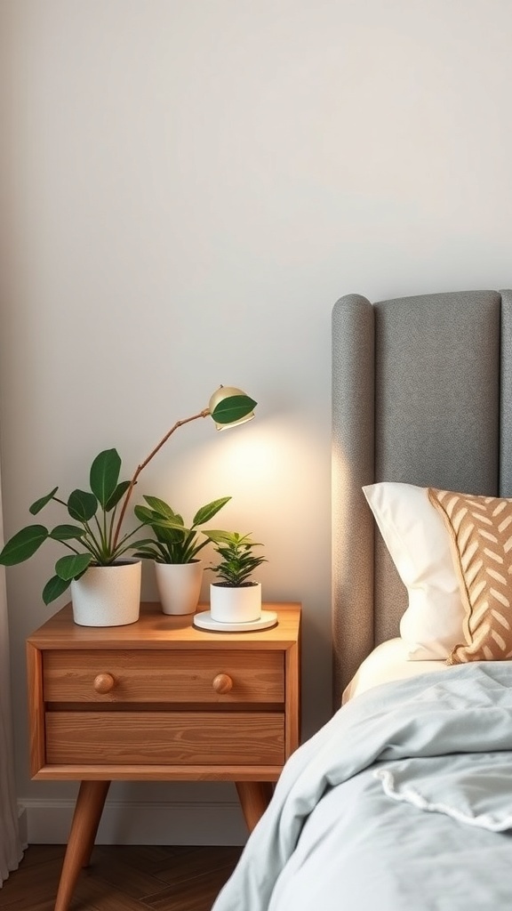 A cozy nightstand with plants and a lamp beside a bed