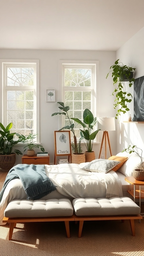 A modern teen boy bedroom featuring plants, natural light, and wooden furniture.
