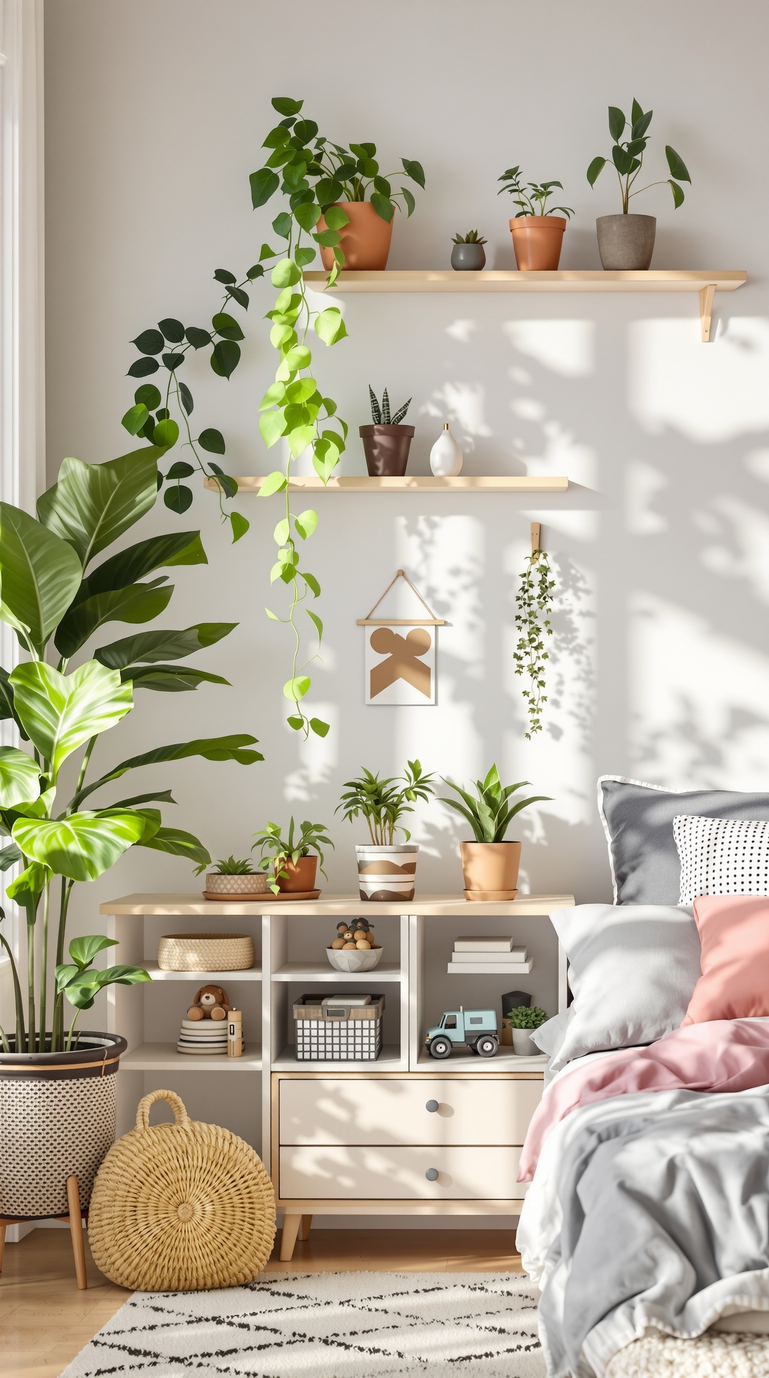 A cozy kids' room featuring various indoor plants on shelves and a stylish bed.