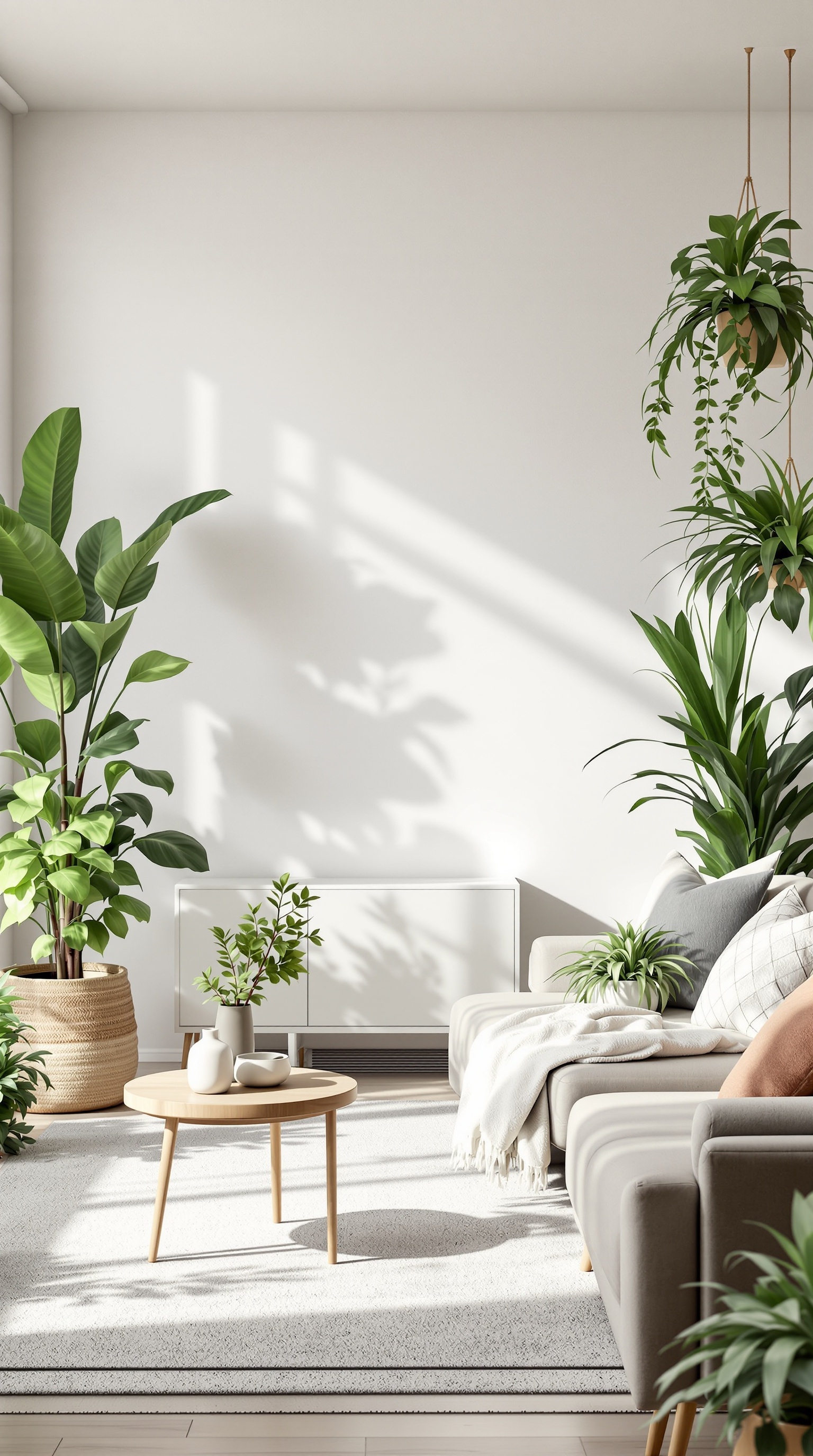 A cozy family room with various indoor plants, a light couch, and a wooden coffee table.