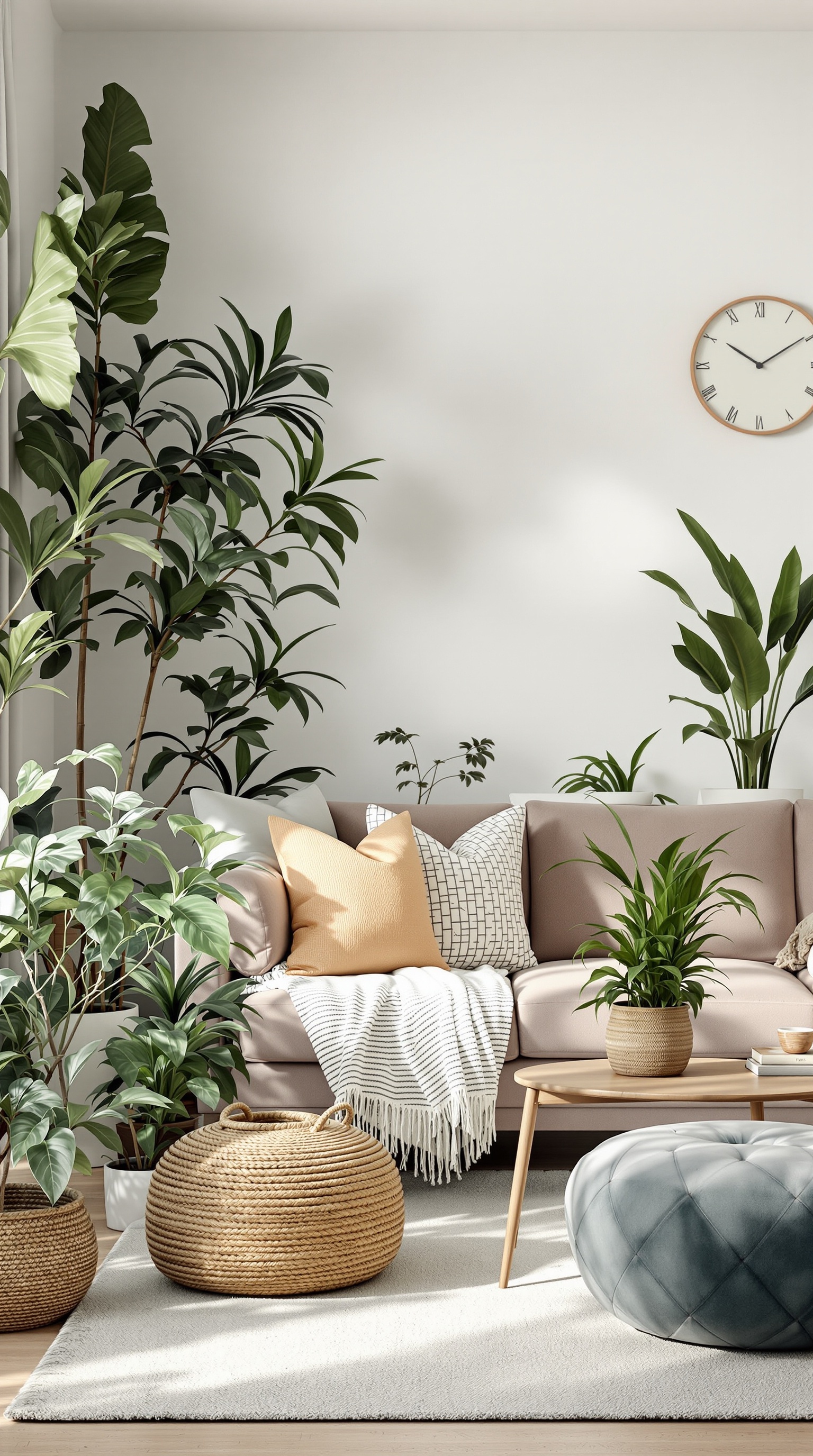 A cozy family room with indoor plants, a soft couch, and a warm atmosphere.