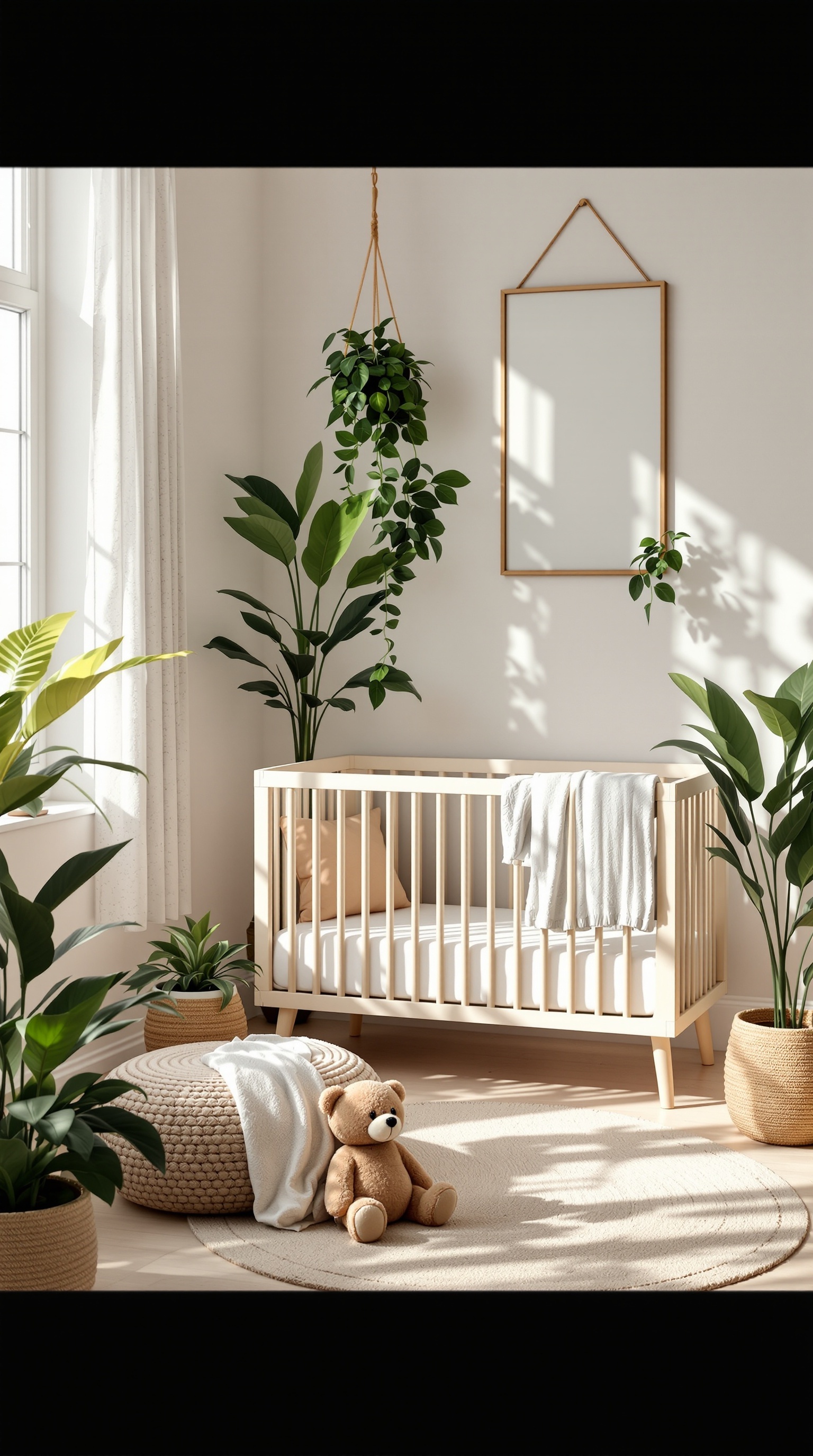 A cozy baby room with a crib surrounded by indoor plants, creating a natural and calming atmosphere.