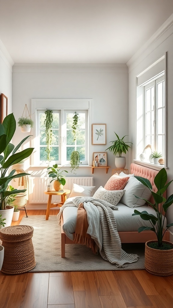 A cozy kids bedroom with indoor plants, featuring a bed, decorative pillows, and a warm wooden floor.