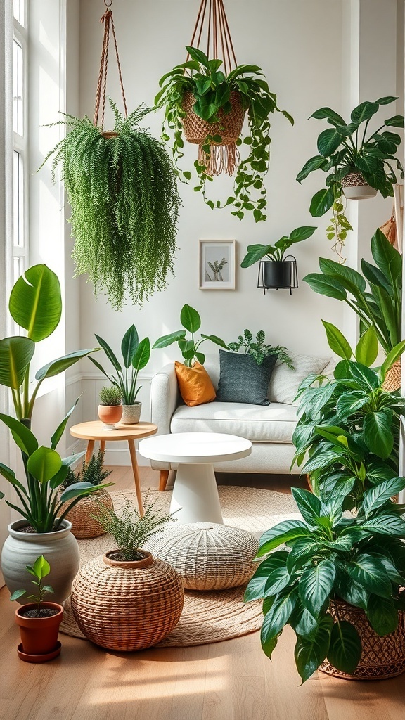 A cozy reading nook filled with various indoor plants, including hanging ferns and potted greenery, creating a fresh and inviting atmosphere.