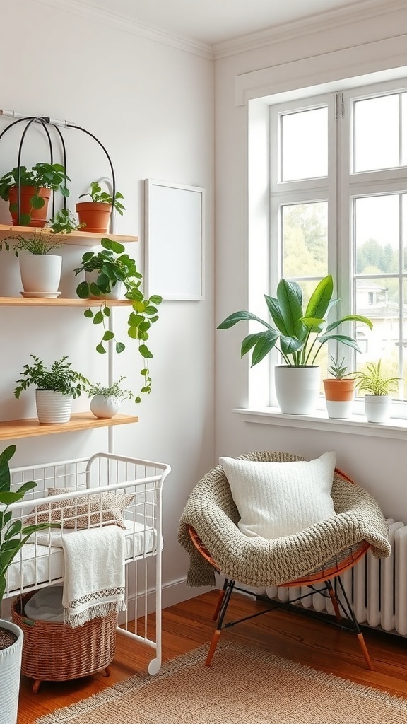 A cozy nursery with indoor plants, a crib, and a comfortable chair.