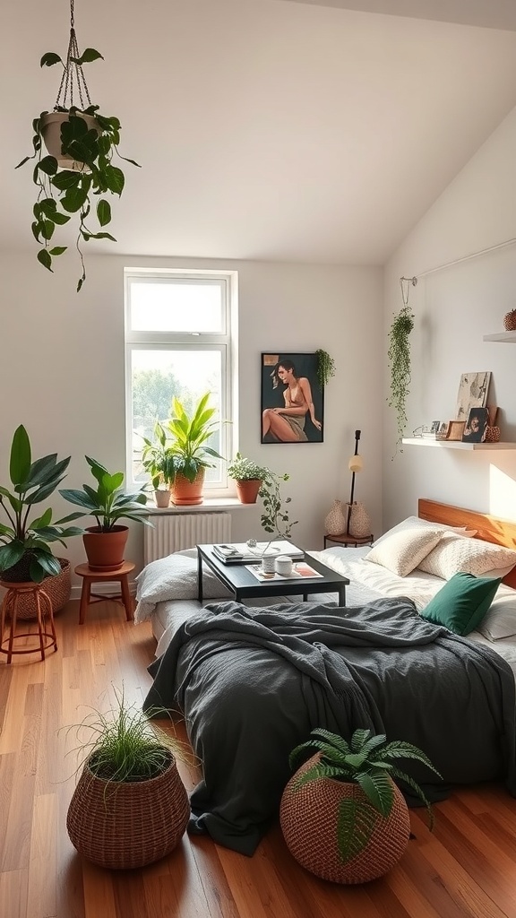 A cozy teen loft bedroom with various indoor plants, showcasing a warm and inviting atmosphere.