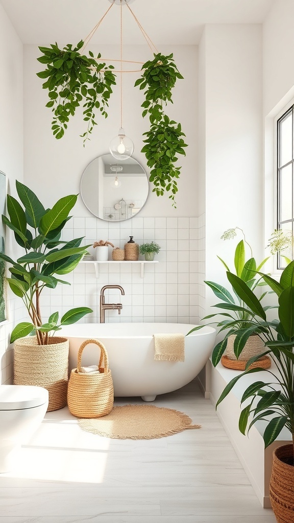 A bright guest bathroom featuring indoor plants, a freestanding bathtub, and modern decor.