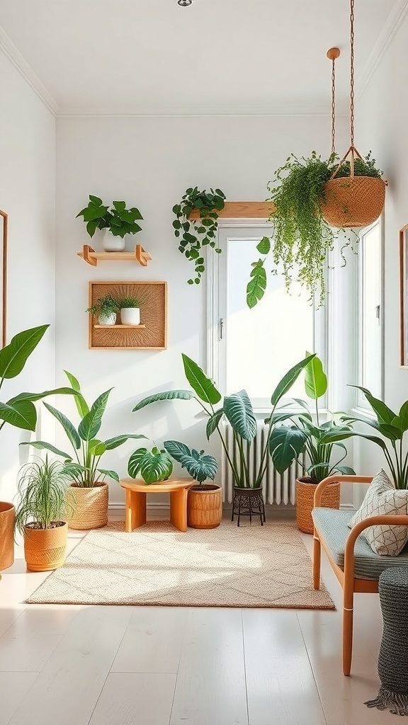 A cozy corner of a single bedroom filled with various indoor plants, showcasing a bright and inviting atmosphere.