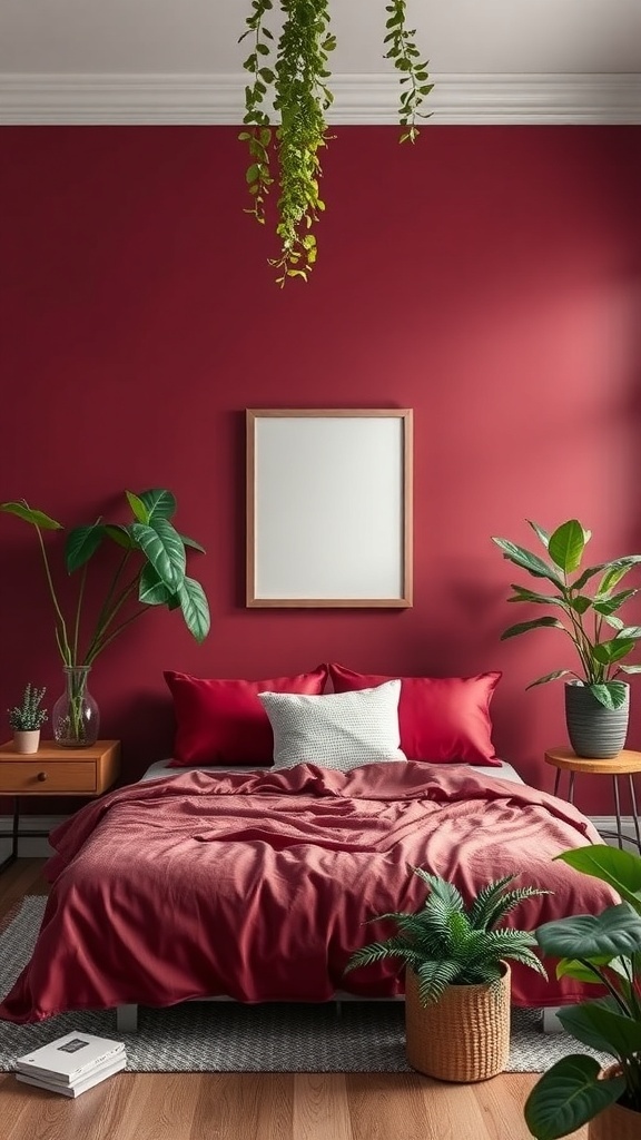 A maroon bedroom featuring a bed with red bedding, wooden nightstands, and various indoor plants.