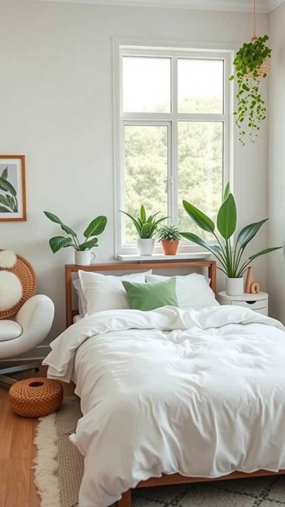 A small guest bedroom featuring a bed with white linens, a chair, and several green plants near a window.