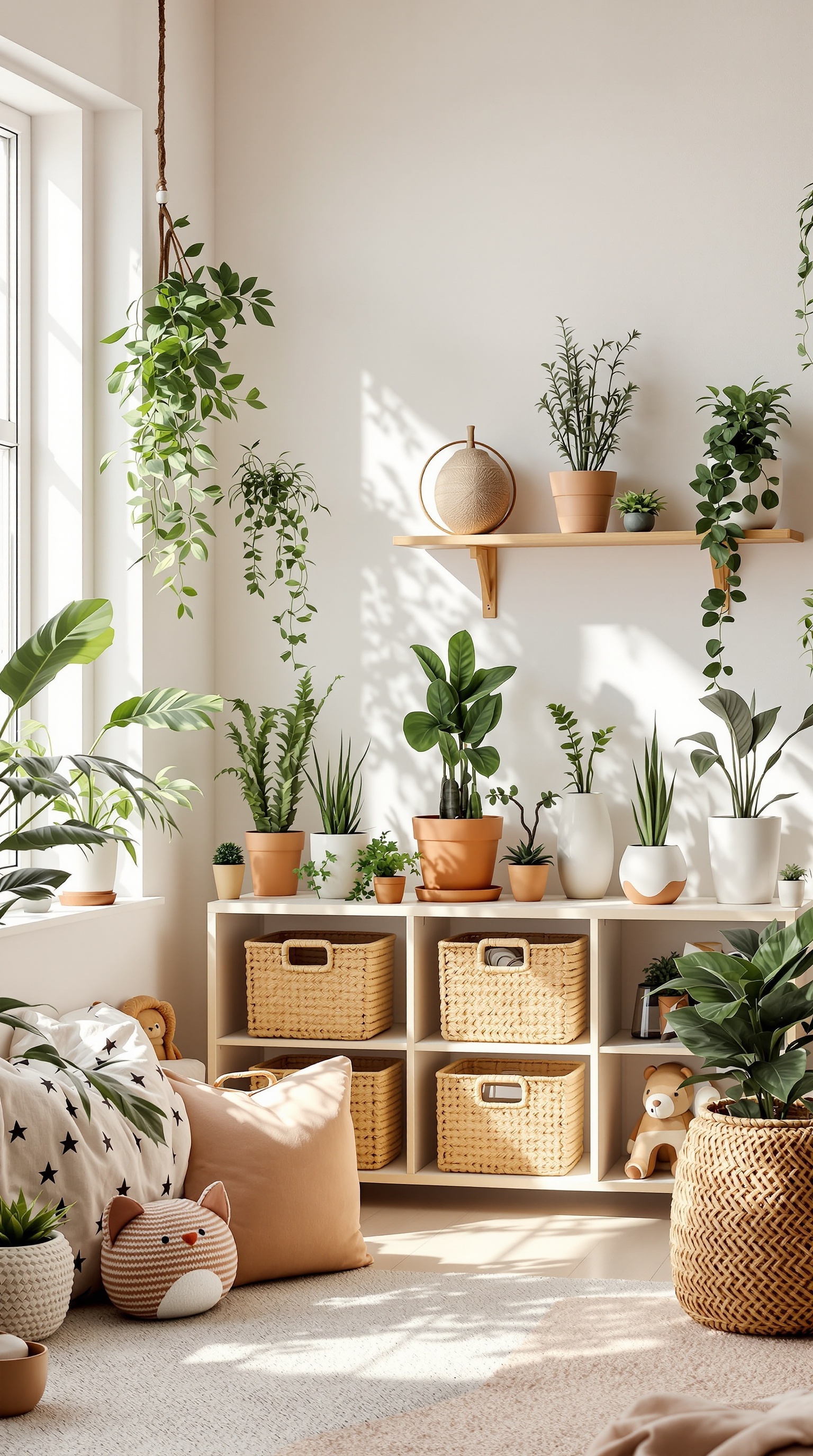 A bright and cozy Japandi kids room featuring various plants, soft cushions, and natural decor.