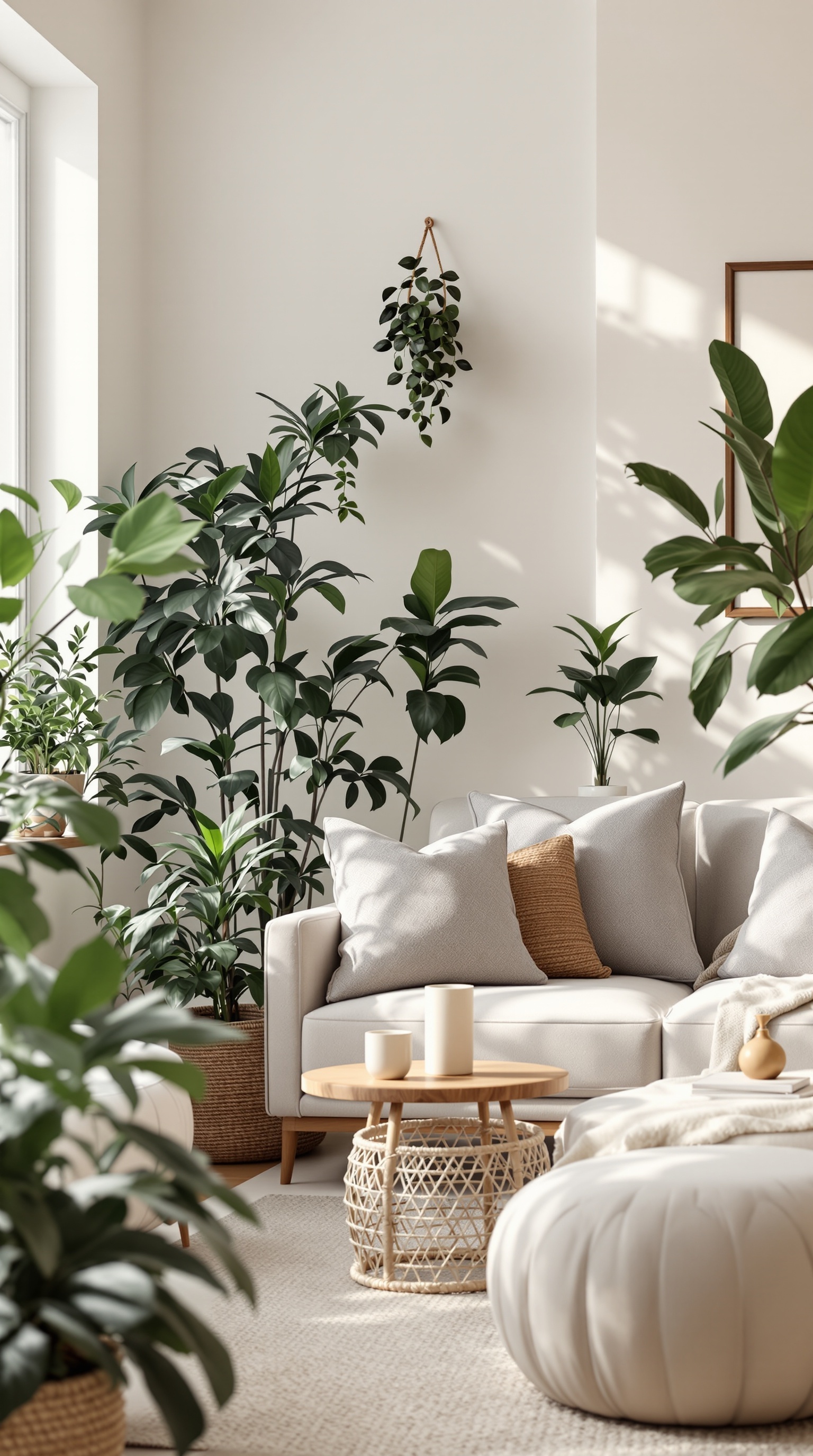 A bright and cozy living room filled with various indoor plants, featuring a comfortable sofa and a wooden coffee table.