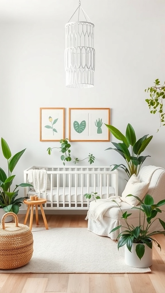 A small nursery with a crib, plants, and a cozy chair, featuring nature-inspired decor.