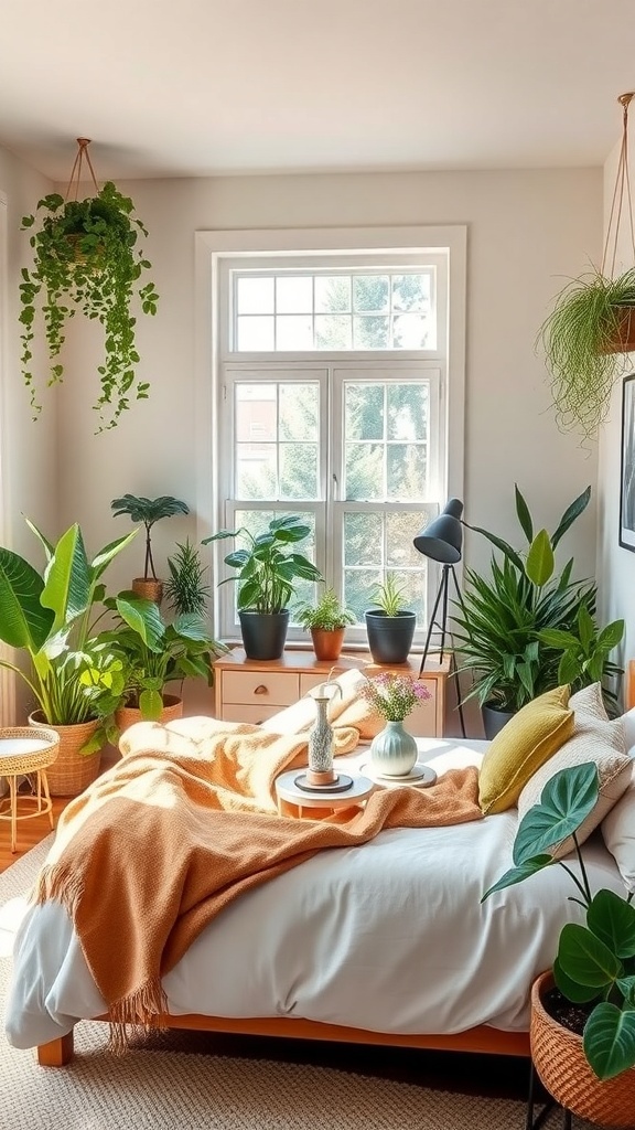 A cozy bedroom filled with various plants, featuring a bed with an orange blanket and decorative pillows, sunlight streaming through the window.