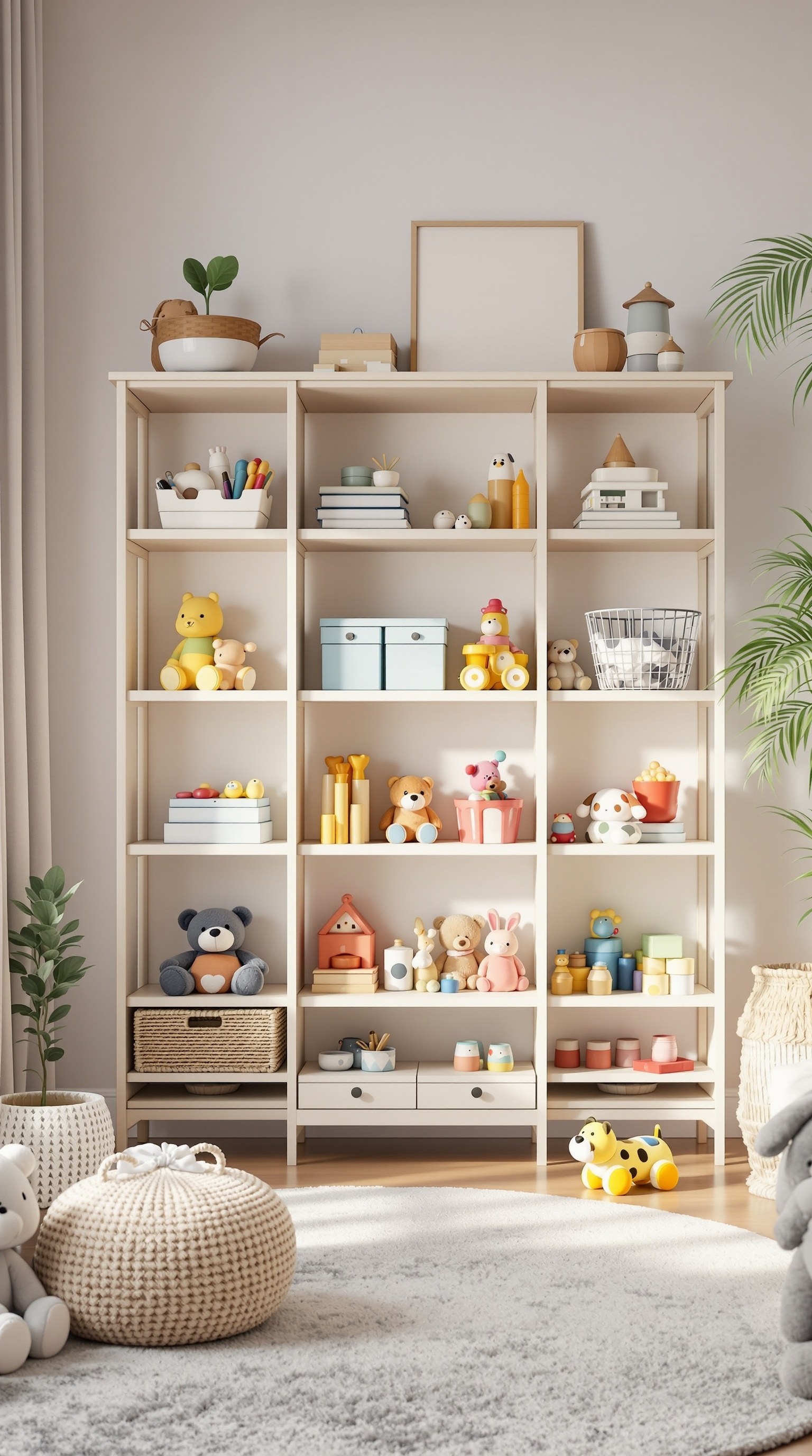 A well-organized open toy shelf with various colorful toys, storage boxes, and decorative items.