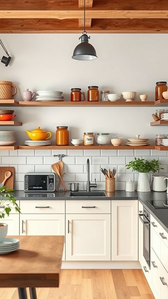 A cozy kitchen with open shelving displaying colorful dishware and plants.