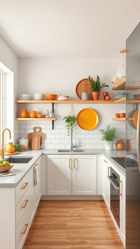 A tiny kitchen featuring open shelving with colorful dishes and plants.