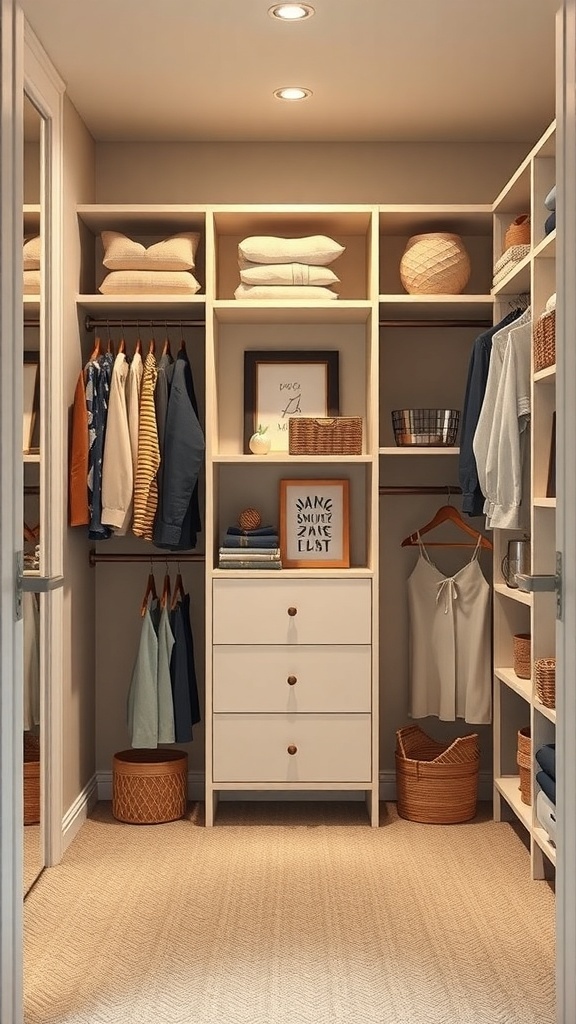 A small walk-in closet featuring open shelving with neatly folded towels, decorative baskets, and organized clothing.