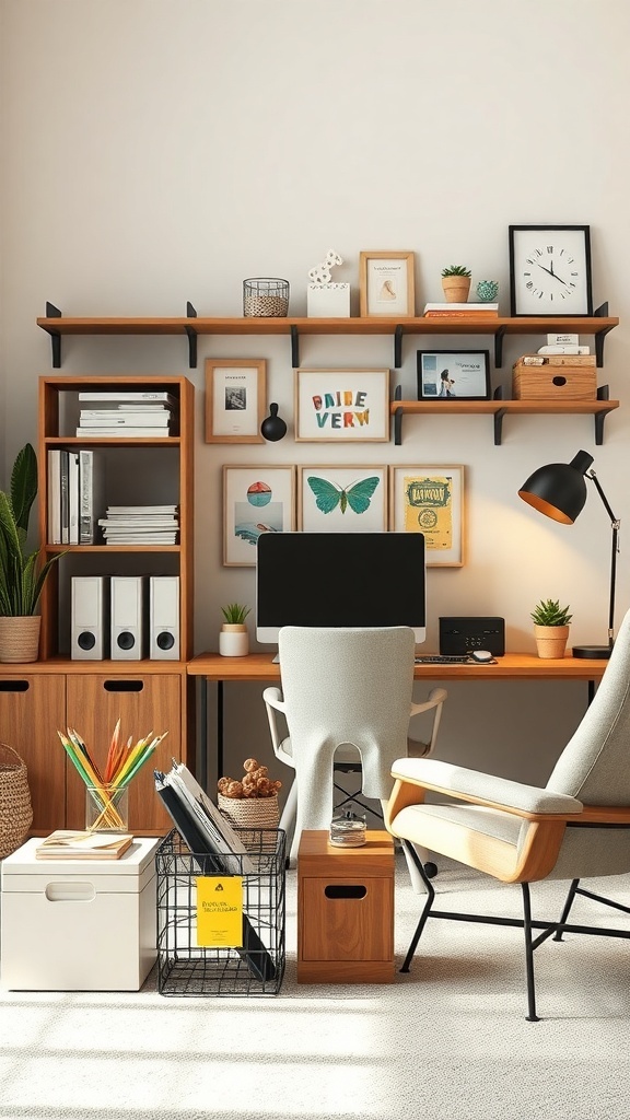 A well-organized home office featuring shelves with art, plants, and storage solutions.