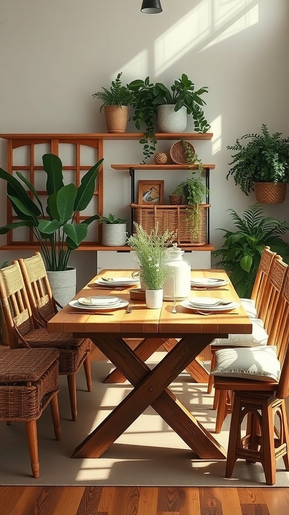 A rustic dining table surrounded by plants and natural light in a cozy indoor space.