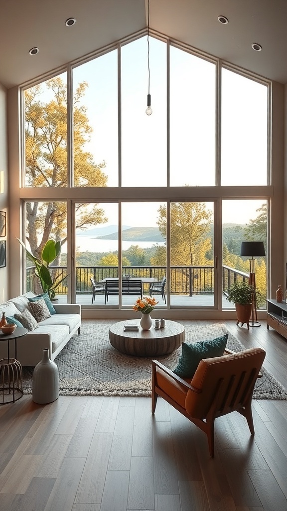 Cozy mid-century modern living room with large windows showcasing outdoor views.