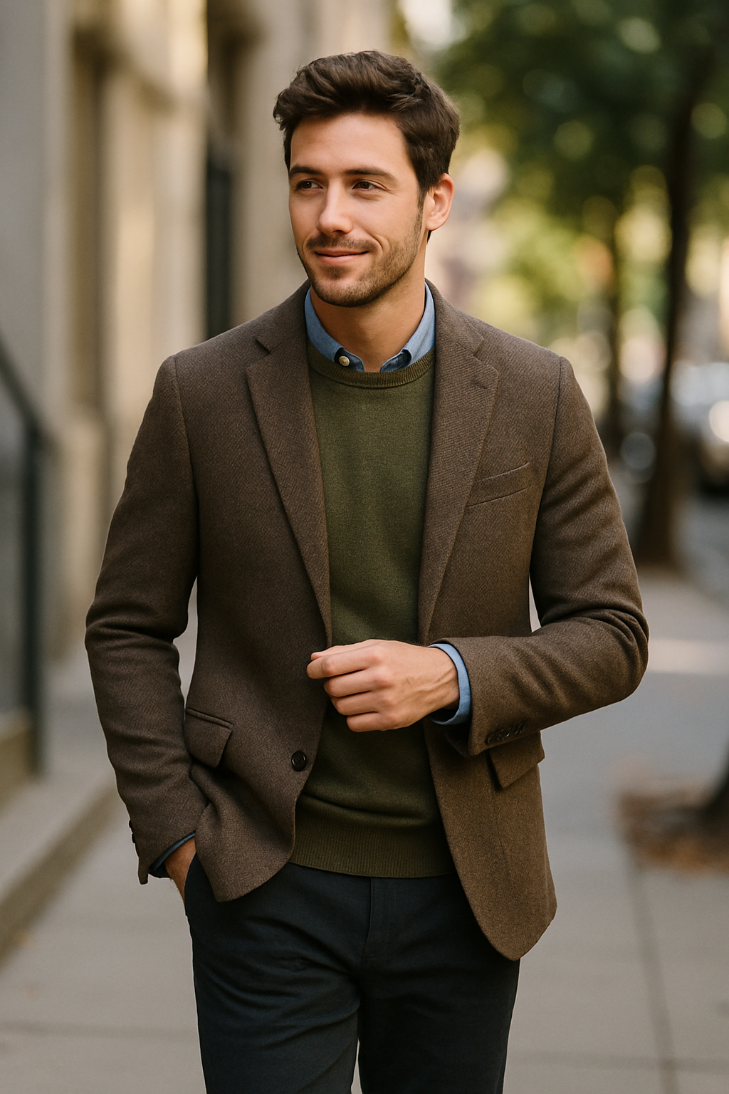 A man in a brown blazer, green sweater, and blue shirt, walking outdoors.