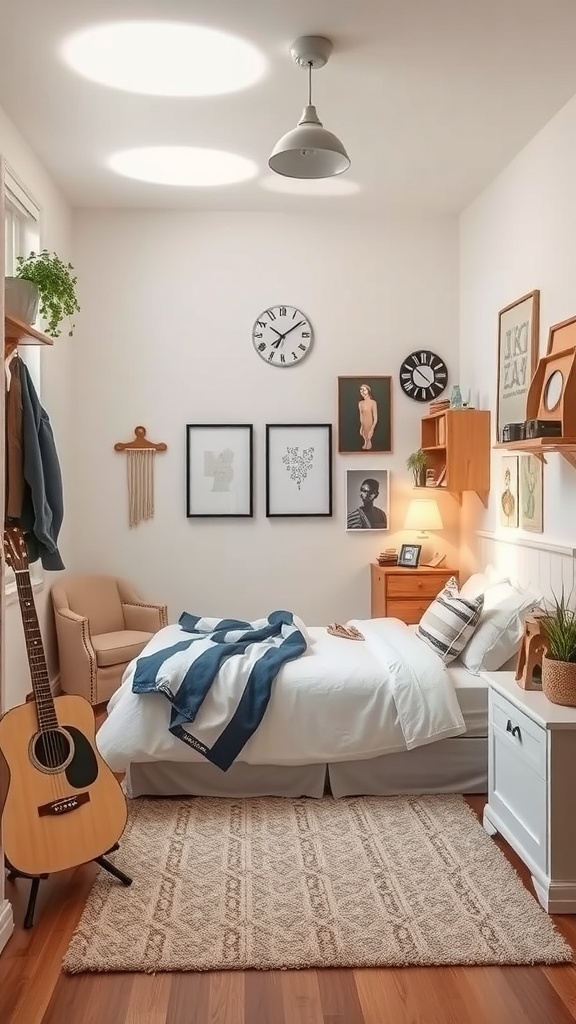 A cozy teen bedroom featuring a guitar, artwork on the walls, and a comfortable bed.