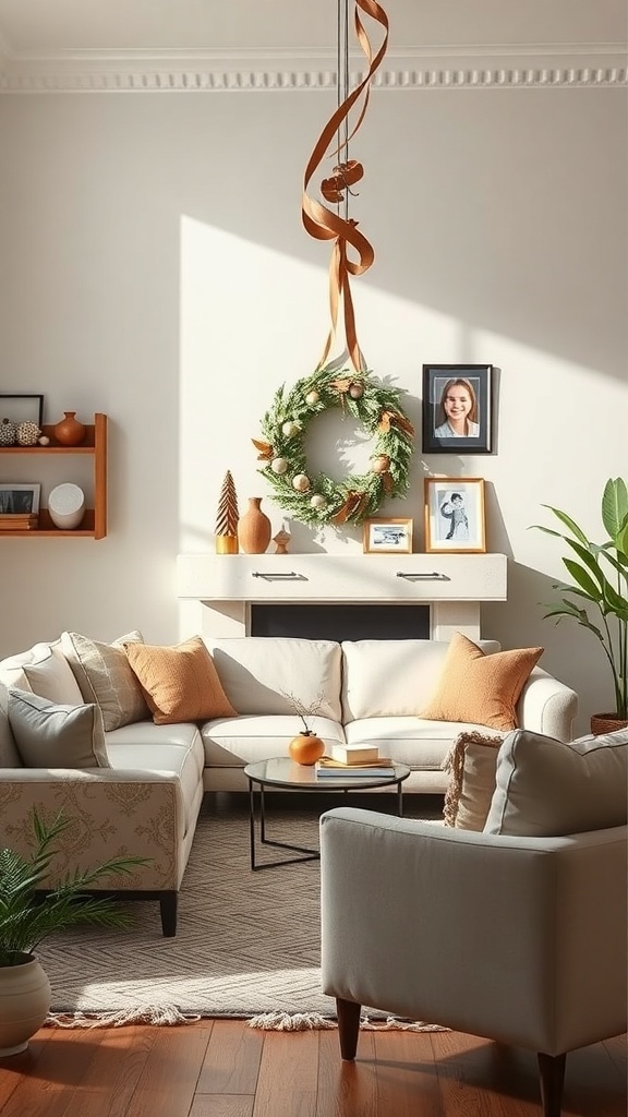 A cozy living room featuring a decorative wreath with personal mementos and warm colors.