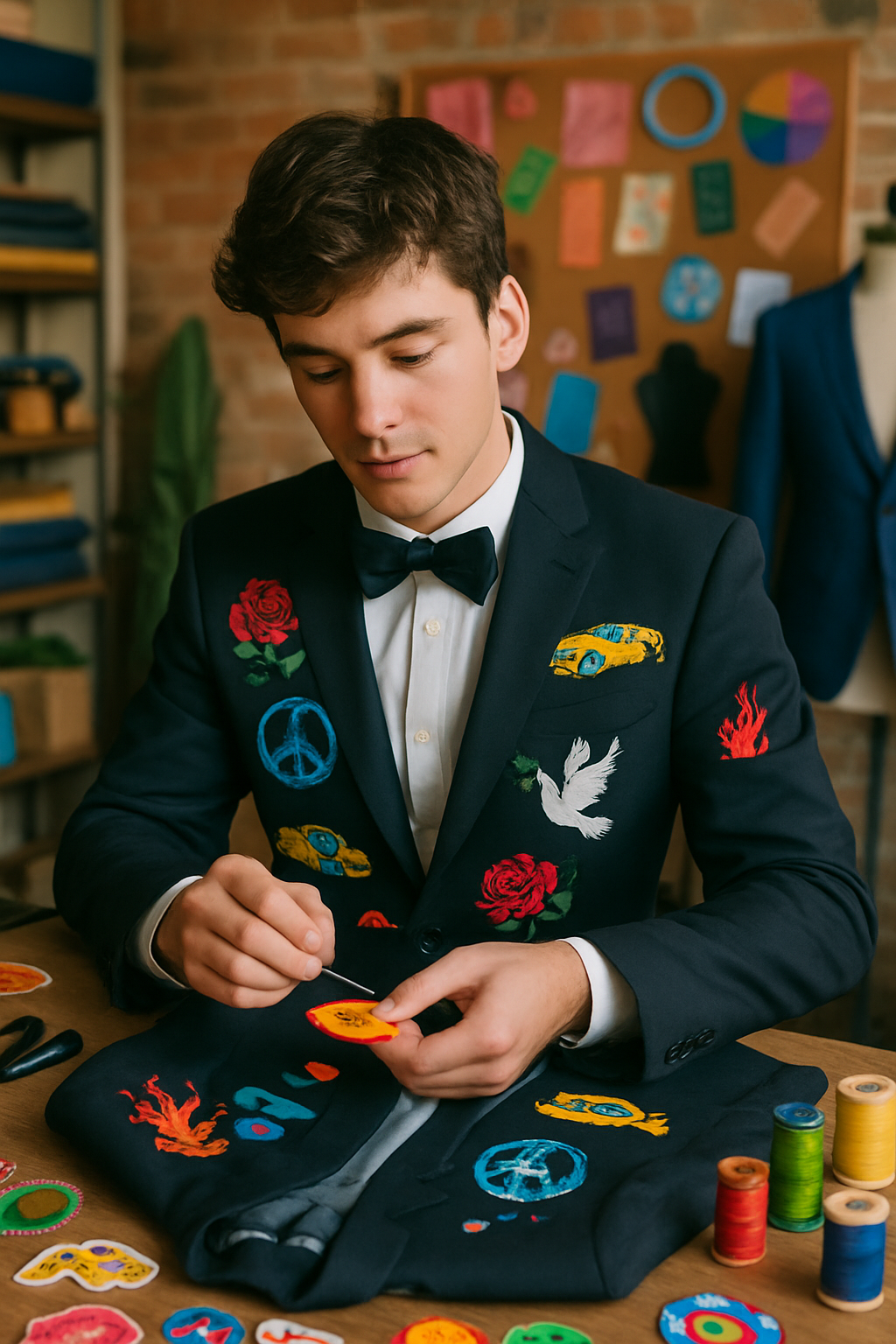 A young man customizing a suit with colorful patches and embroidery, showcasing personal style.