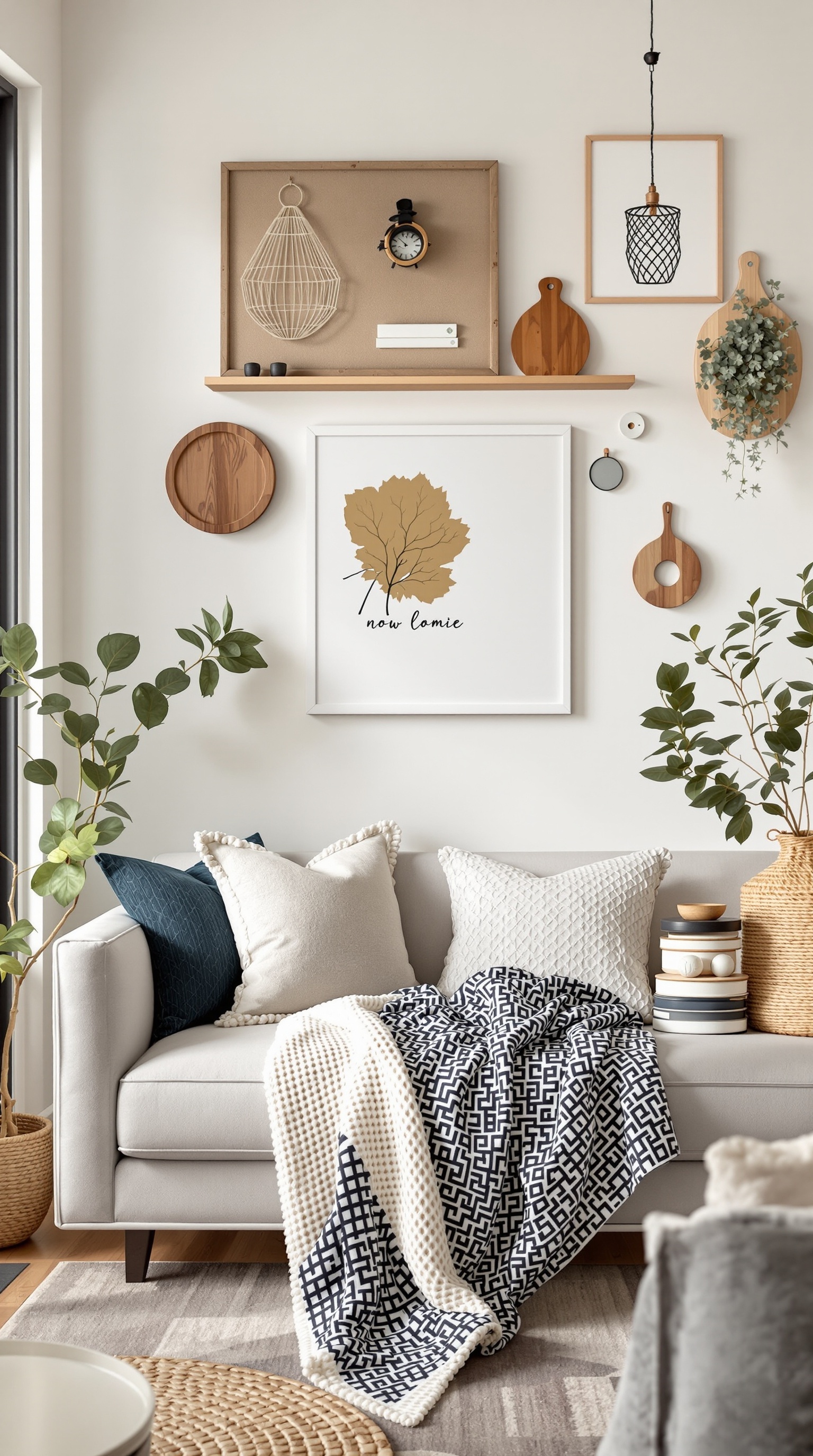 A cozy living room with a couch, decorative wall art, and plants, showcasing personal touches in decor.