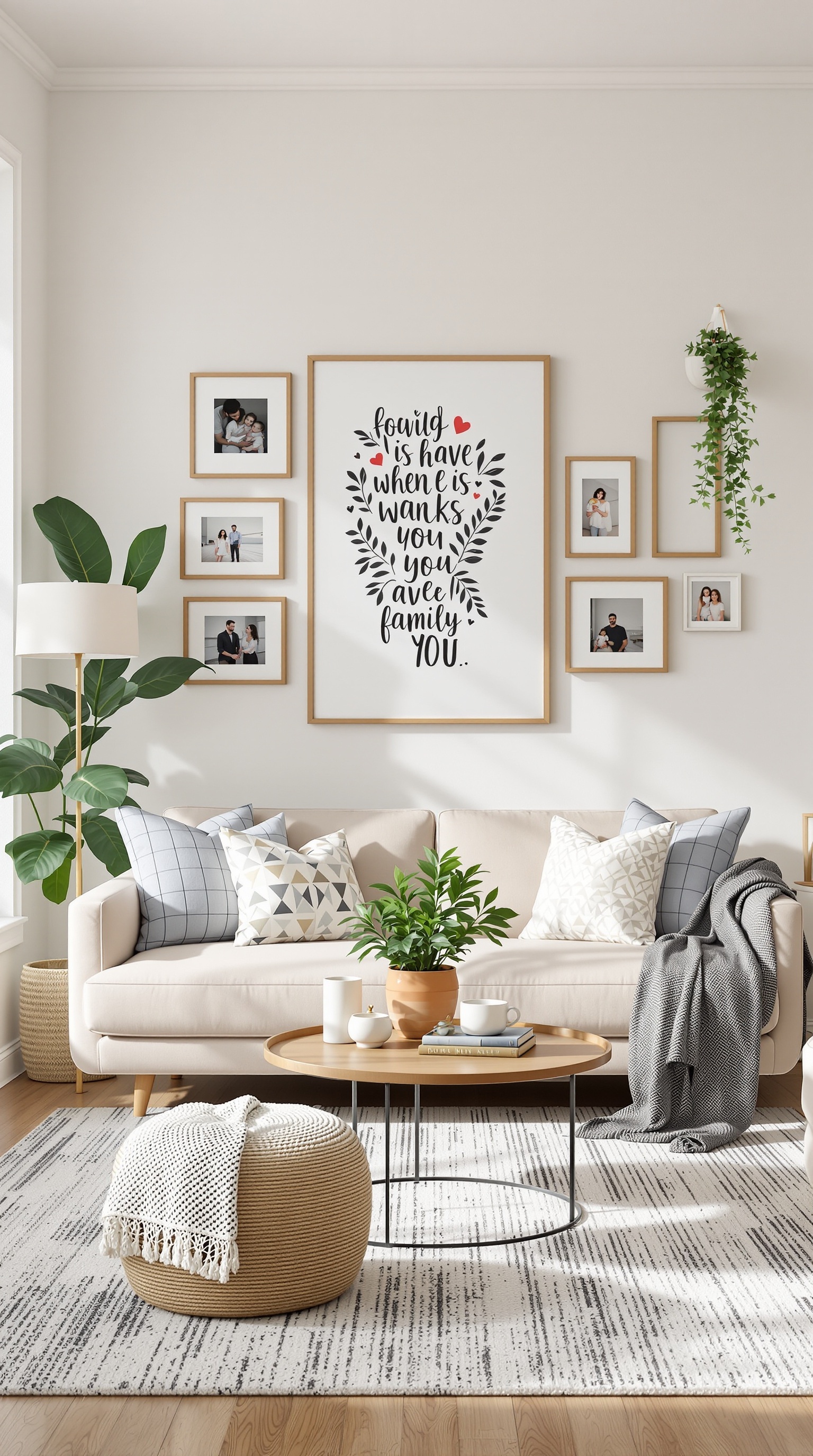 A cozy family room featuring a large wall art piece, framed photos, plants, and comfortable seating.