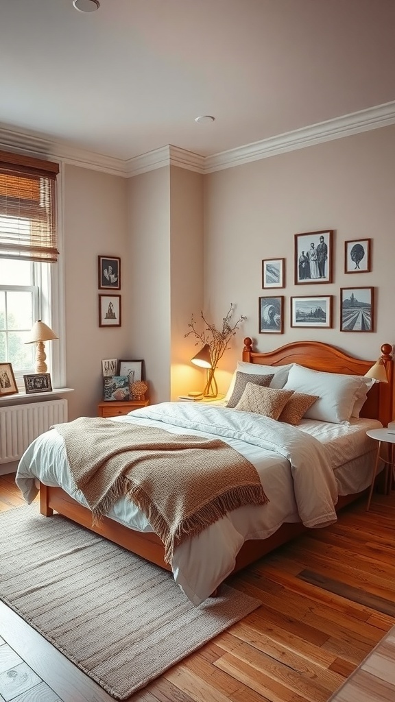 Cozy bedroom with framed artwork, soft bedding, and warm lighting.