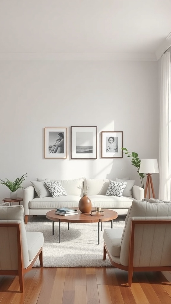 Cozy minimalist living room with neutral colors, framed photos, and plants